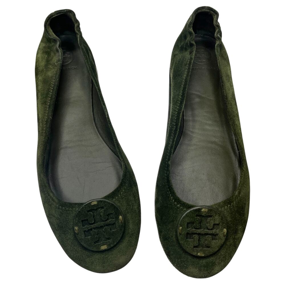 Tory Burch Womens Ballet Flats 11M 41.5 Minnie Travel Green Suede Logo Round Toe